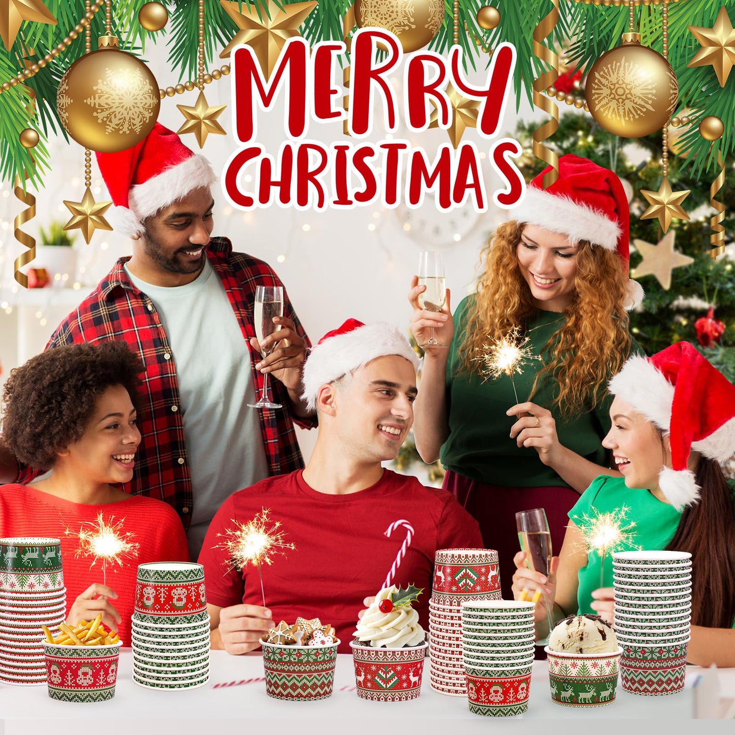 Whaline Christmas Snack Cup Xmas Red Green Ugly Sweater Disposable Paper Cups 9 Oz Dessert Ice Cream Paper Bowls for Winter Holiday Treat Candy Cake Party Favor Supplies, 48 Pcs