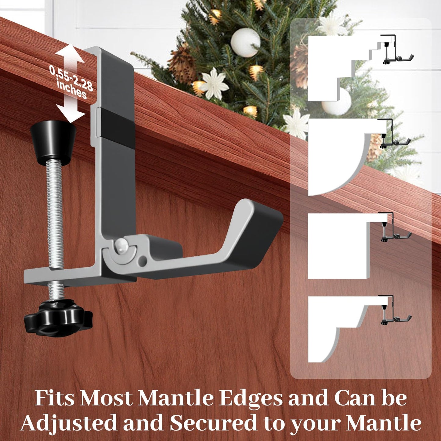 4-Pack Christmas Mantel Stocking and Wreath Hangers, 2 in 1 Mantel Wreath Holder for Hanging Christmas Stockings, No Drilling Required, Adjustable Thickness Wreath and Stocking Holder,Fold(Gray)