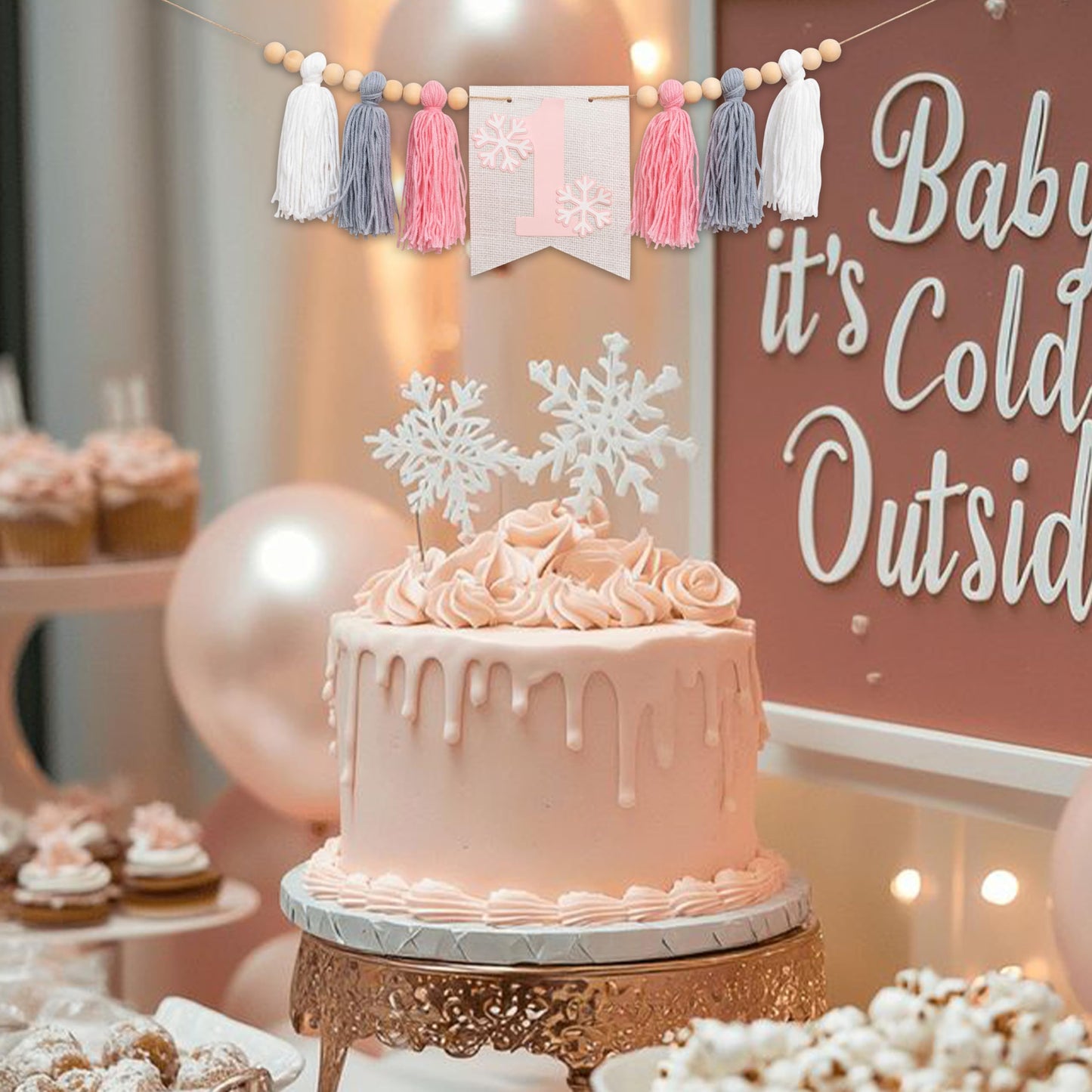 Upfirst Snowflake 1st Highchair Banner - Winter Wonderland First Birthday Decor, Snow Princess Theme Party Banner, Pink Gray White Tassels Snowflake Highchair Garland (Snowflakes Banner)
