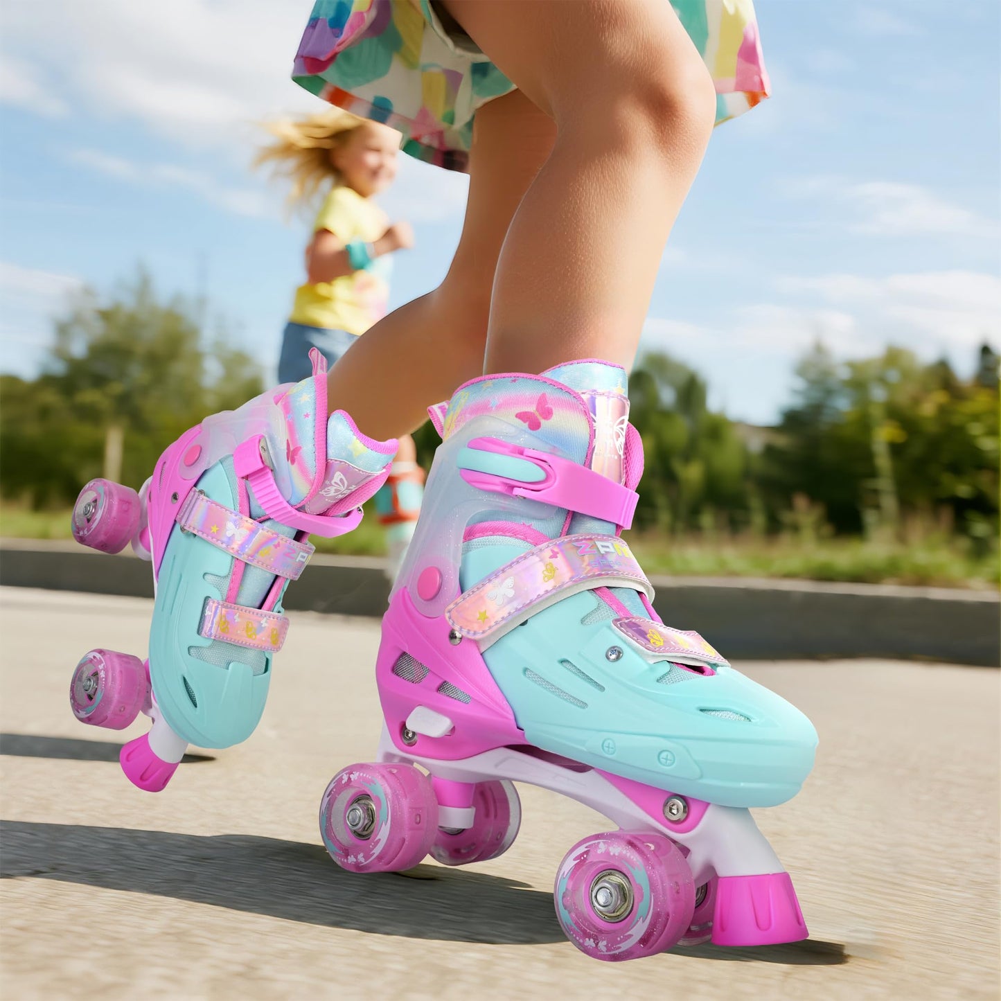 2PM SPORTS Adjustable Roller Skates for Girls Kids Ages 3-5 4-7 5-8 6-12 8-12 with Light Up Wheels, Outdoor Indoor Rollerskates for Kids Beginner Toddler Little Girl Youth Pink Green Butterfly