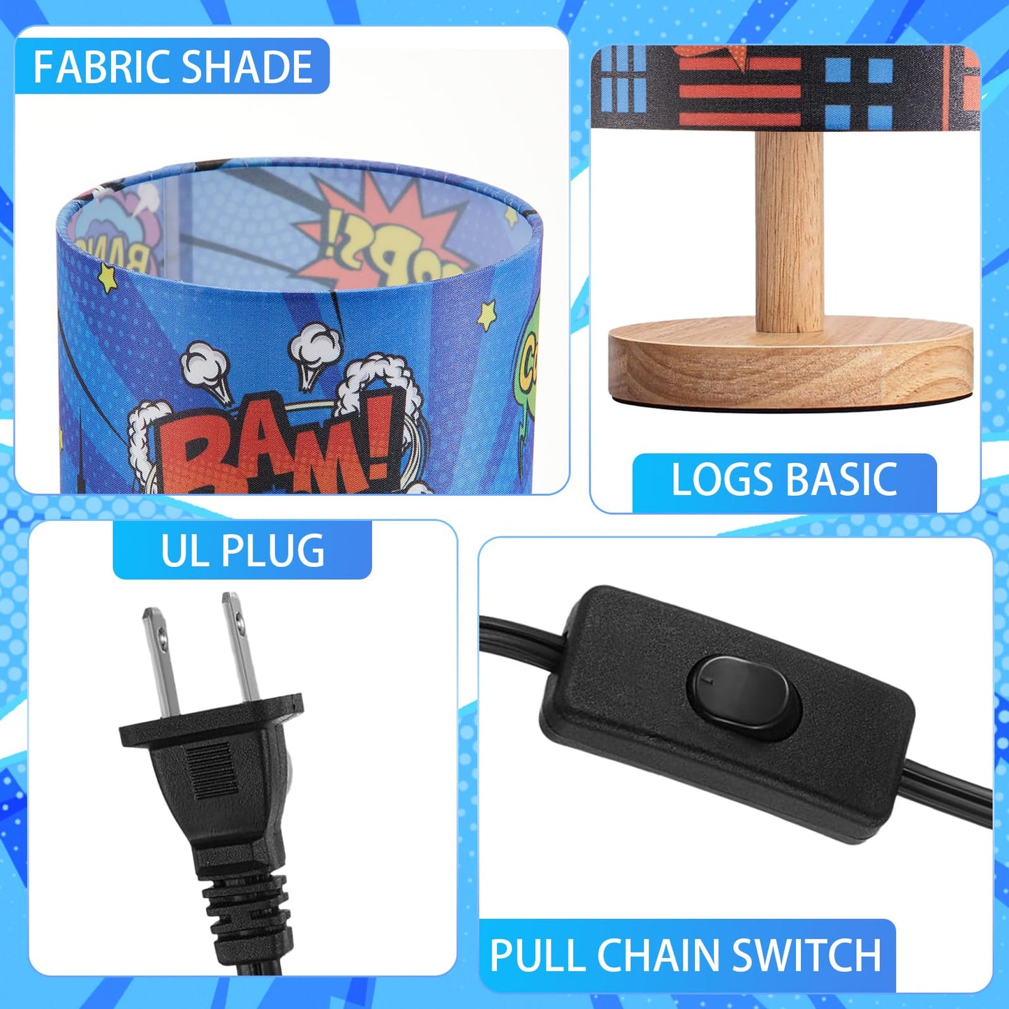 Tujoe Hero Lamp Bedside Desk for Bedroom Kids Lamp Fabric Nightstand Table Lamps Decor Bam Bang for Boys Girl Kids Reading Living Room Home Office Christmas Gift