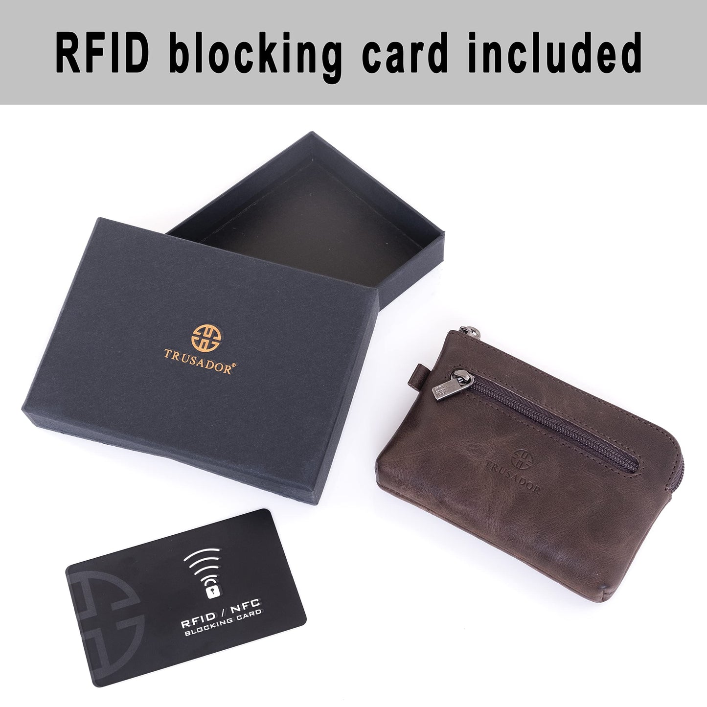 Trusador Milano Unisex Leather Front Pocket Wallet Coin Purse Zipper Pouch with Keychain (Brown)