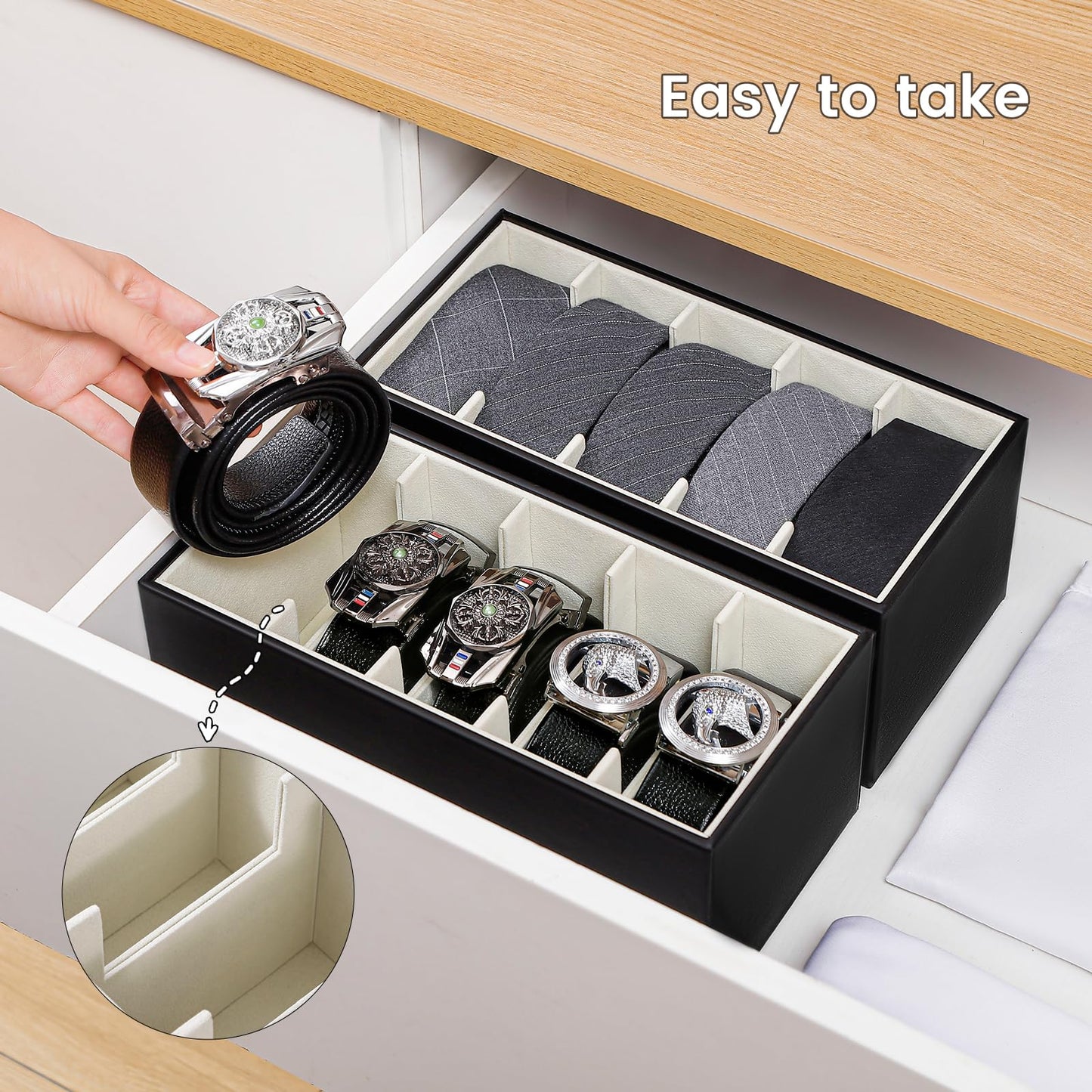 Coorganisers 2 Packs Leathers Belt Organizer for Closet and Drawer, Stackable 5 Grids Dresser Drawer Organizers, Belt Tie Holder for Men,Tie Box-Black
