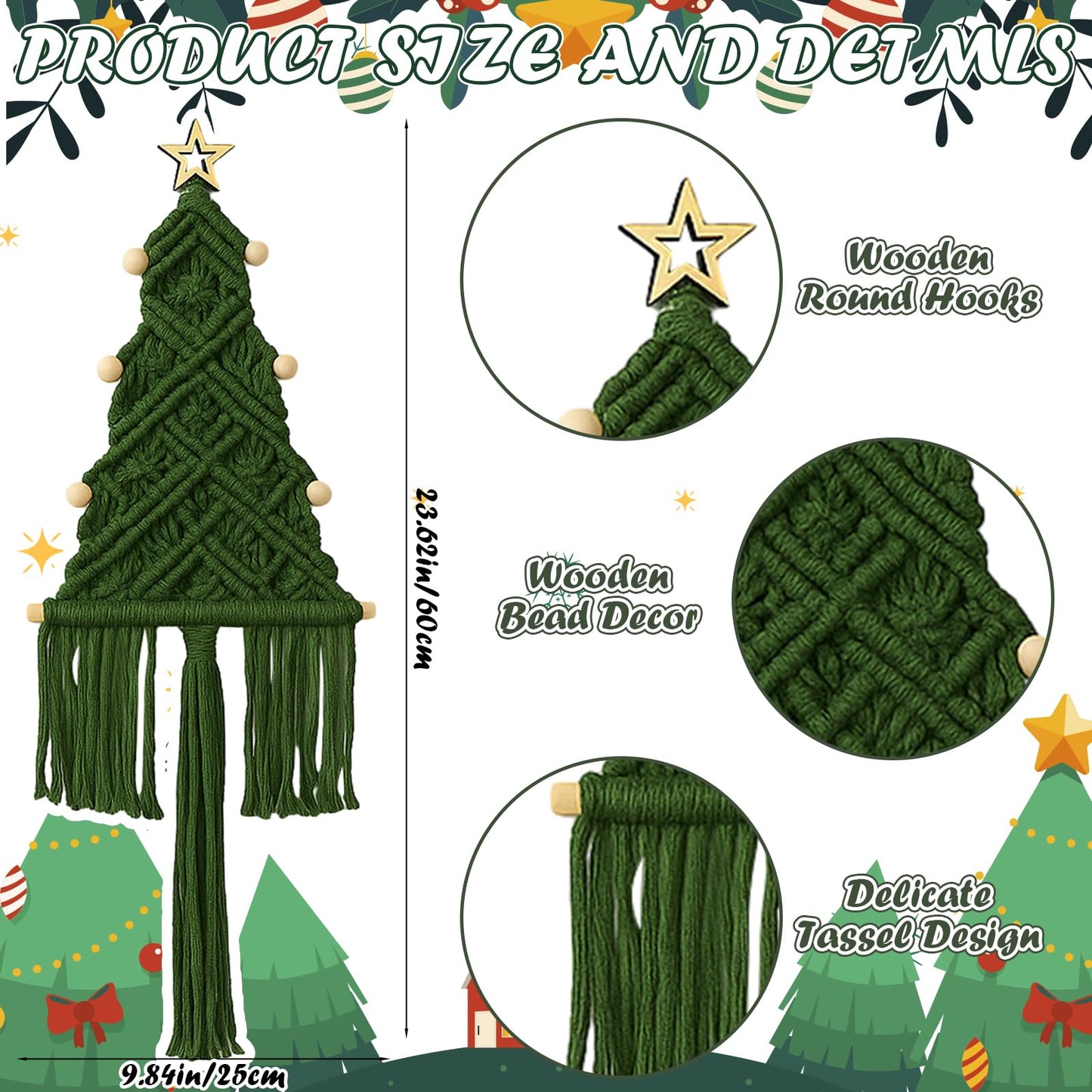 HunnmingRe 3 Pcs Large Macrame Christmas Tree Macrame Christmas Wall Decoration Hanging Ornaments Boho Wall Decor for Party Supplies (Beige,Brown and Army Green)