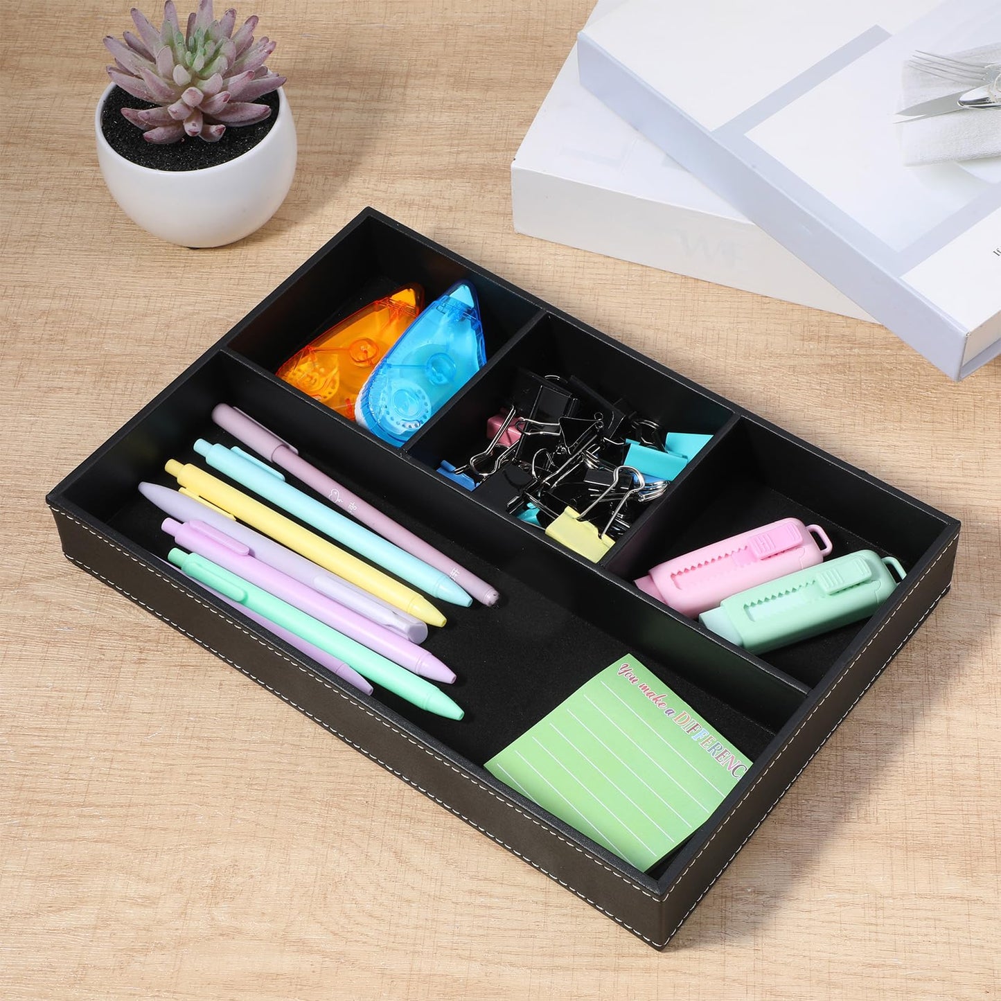 kenaeooe 2-Piece Faux Leather Valet Tray Set, Drawer Storage Organizer Divider for Desk, Nightstand, Jewelry, Keys, Wallet, Sunglasses, Phone, Watch - Black