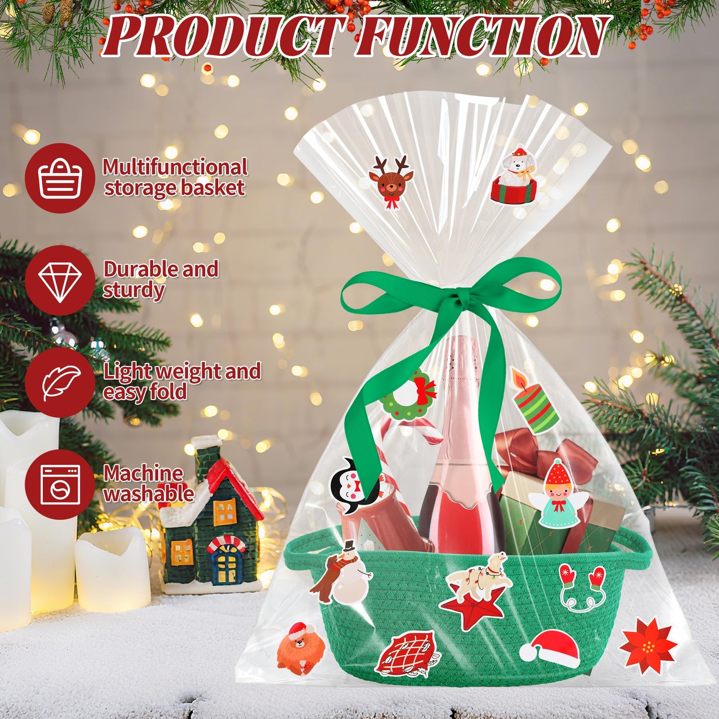 4pcs Christmas Gift Basket Empty, Christmas Woven Basket with Handles, Decorative Rope Woven Storage Basket Xmas Gift Baskets with Gift Bags Sticker and Ribbons for Xmas Empty Decorative Gift Box