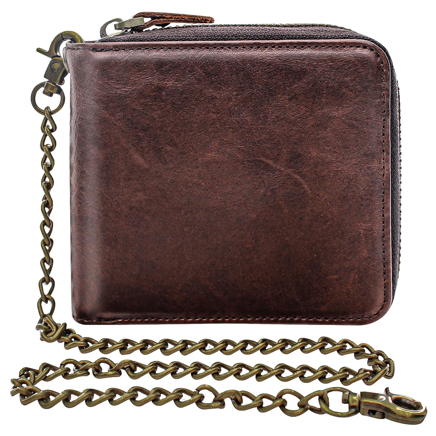 boshiho Real Leather RFID Blocking Bifold Wallets for Men Double Zipper Coin Pocket Purse with Anti-Theft Chain (Coffee 02)