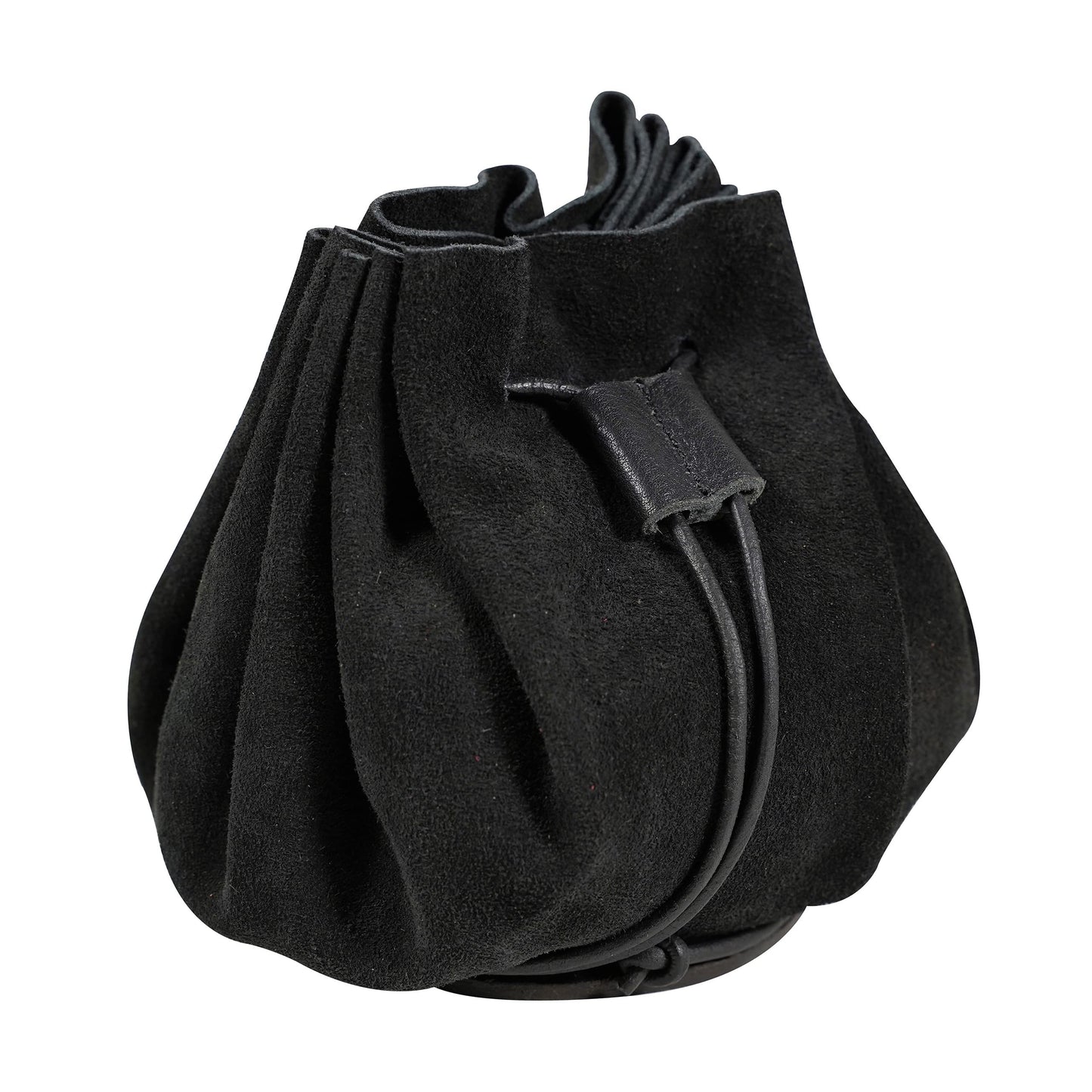 Mythrojan medieval leather pouch suede drawstring belt bag for larp, viking, renaissance cosplay, coin & jewelry waist purse (black, 3.8" x 3.8")