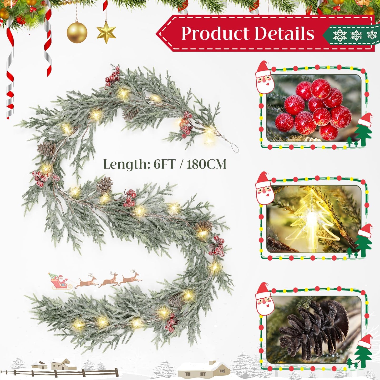 6FT Christmas Garland with Lights, Pre-Lit Artificial Pine Garland with Red Berries, Lighted Flocked Garland for Table Mantle Fireplace Door Stairs Windows Wall Indoor Outdoor Holiday Christmas Decor