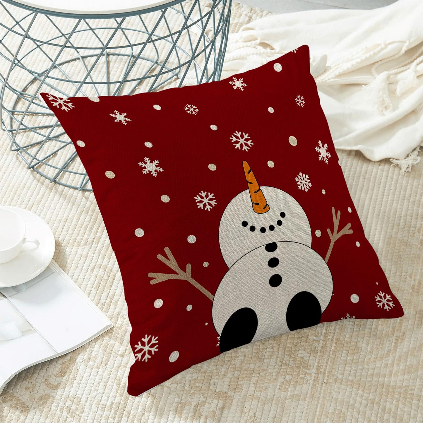 Christmas Pillow Covers 18x18,Red Snowman Outdoor Decorative Throw Pillows for Couch,Winter Snowflakes Xmas Decor Cushion Cover 2 Pcs Farmhouse Pillowcase for Bed Safa