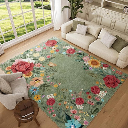 Washable Rugs for Living Room: 8x10 Area Rugs for Bedroom Soft Ultra Thin Stain Resistant Non Slip Low Pile Lightweight Vintage Floral Carpet for Dining Room Decor (Green)