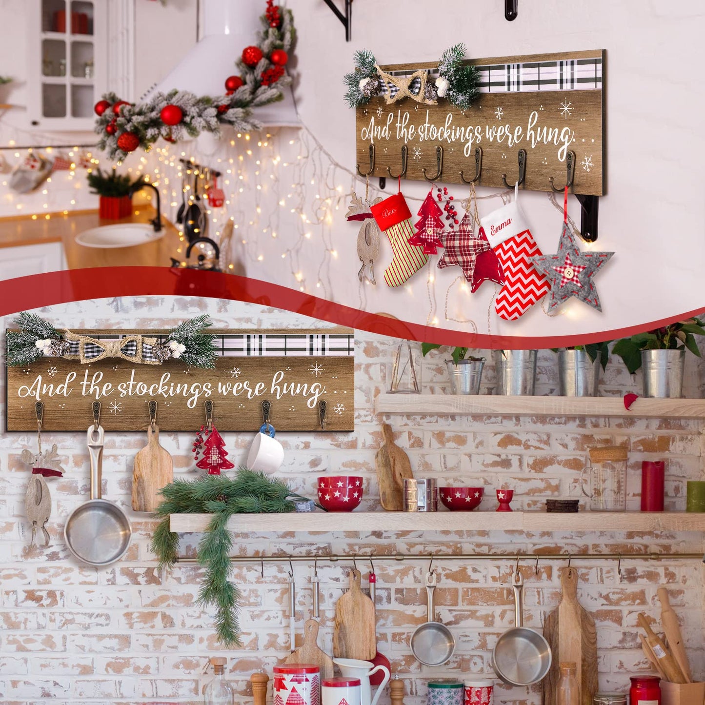 Christmas Stocking Holder with 6 Hangers The Stockings were Hung Wooden Sign Xmas Wall Hanging Sign Wall Mount Hook Holder Decorative Wood Stocking Hanger for Mantle(Snowflake Style)