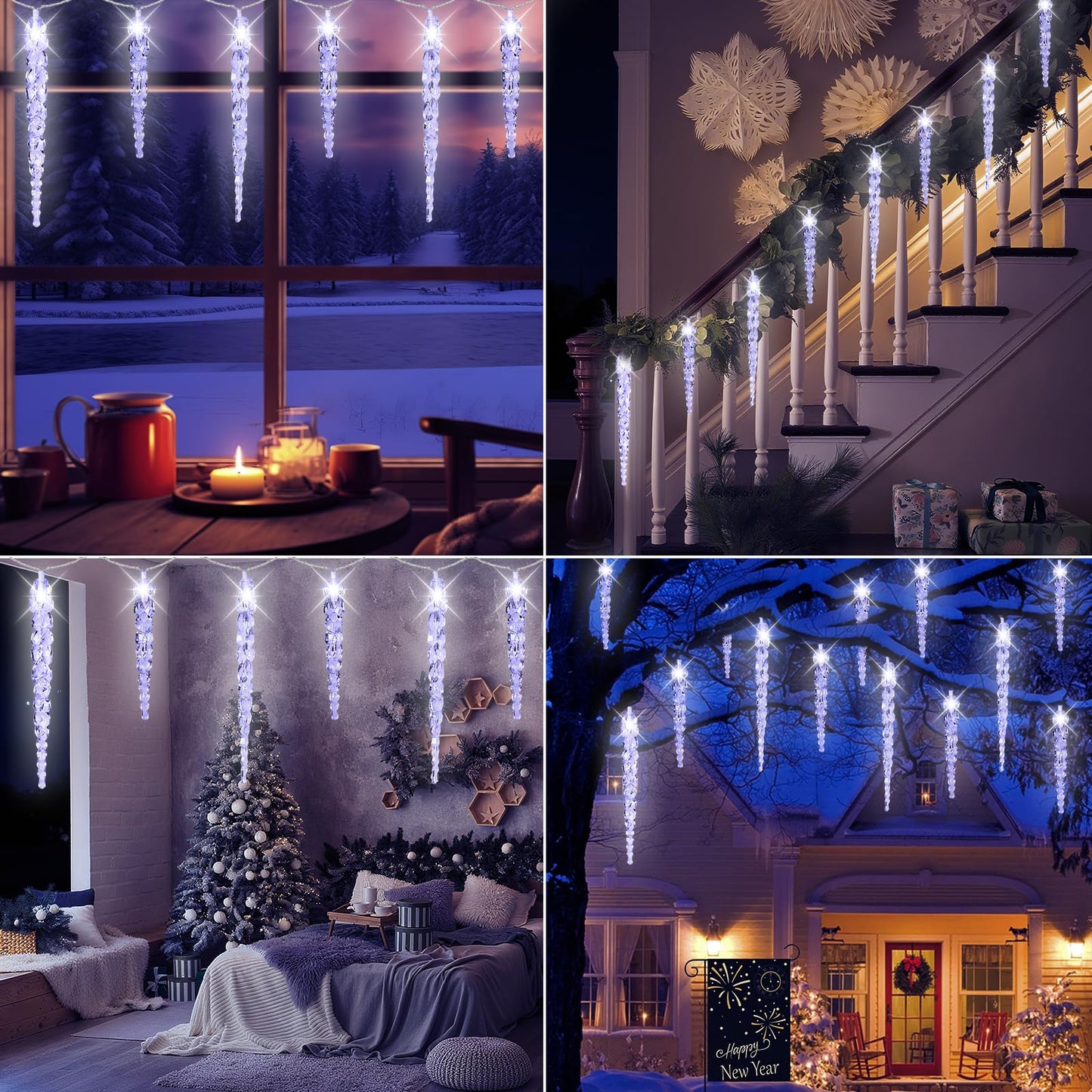 Christmas Icicle Lights Outdoor, 16.4FT Crystal String Light with 40 Ice Shaped Tubes with 8 Modes, Connectable Waterproof Hanging LED Christmas Lights Plug in for Eave Home Holiday Party Xmas Decor