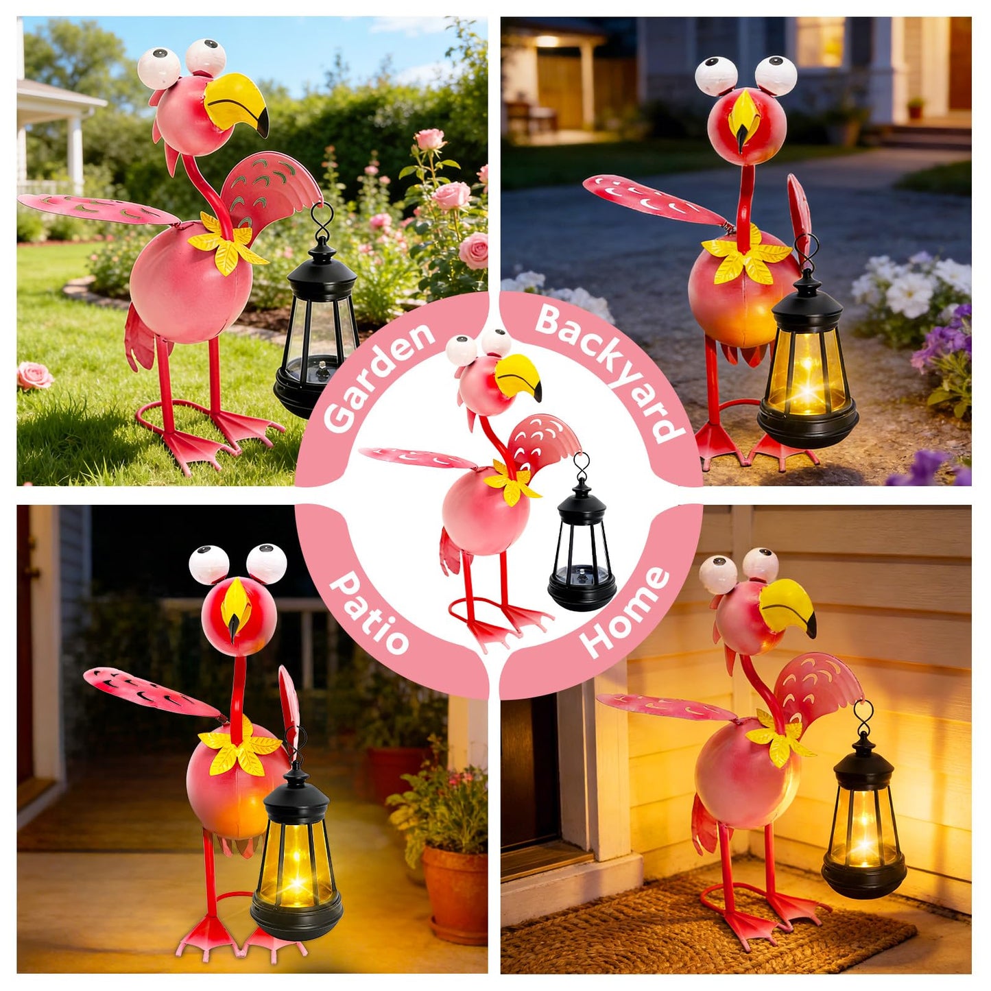 Solar Garden Lights Flamingo Statue with Solar Lantern, Flamingo Decor Fairy Accessories, Mothers Day Birthday Gifts for Women Mom Grandma, Big Metal Decorative Stakes for Home Patio Porch Yard Art