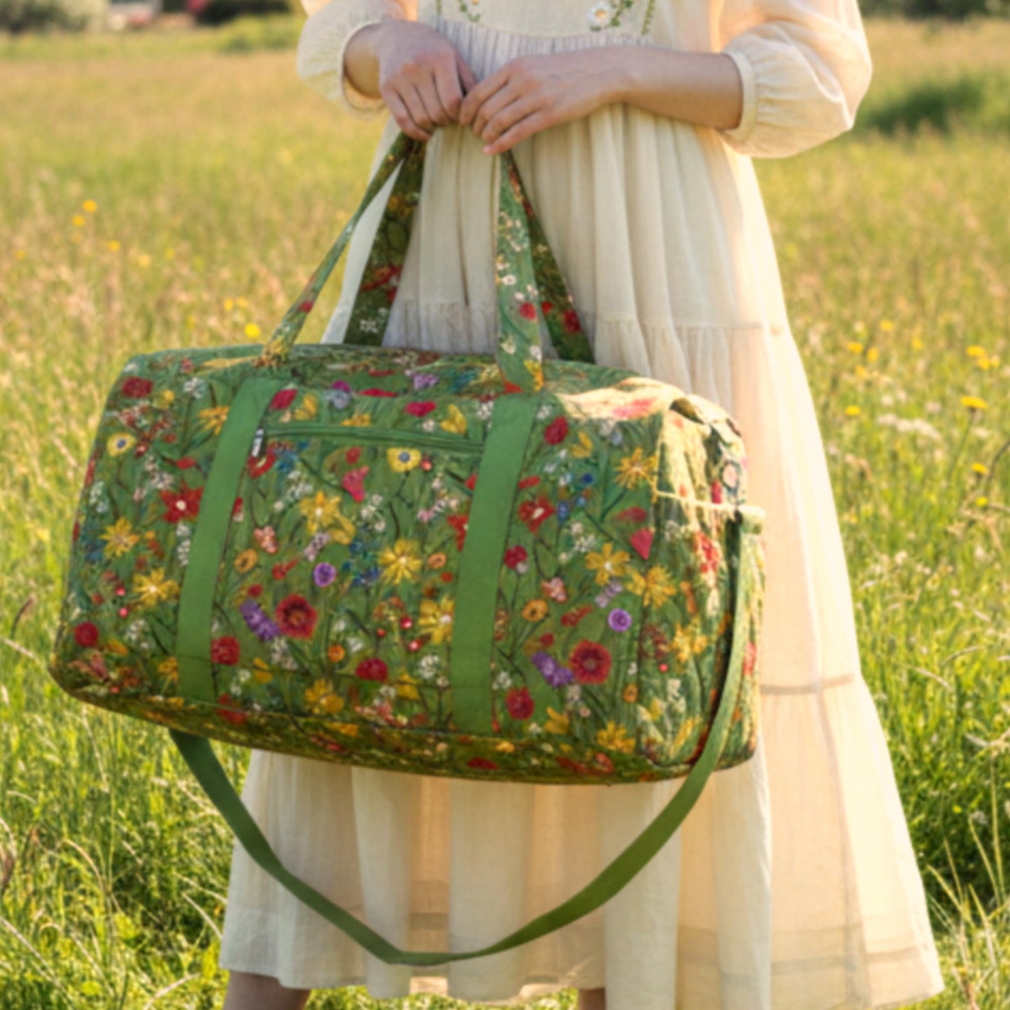 Dansydaisy Large Quilted Travel Duffle Bag for Women Floral Portable Gym Weekender Bag with Zipper Pockets Workout Grocery Pouch Duffle Gift Pouch for Work(Yellow Green Grassland)