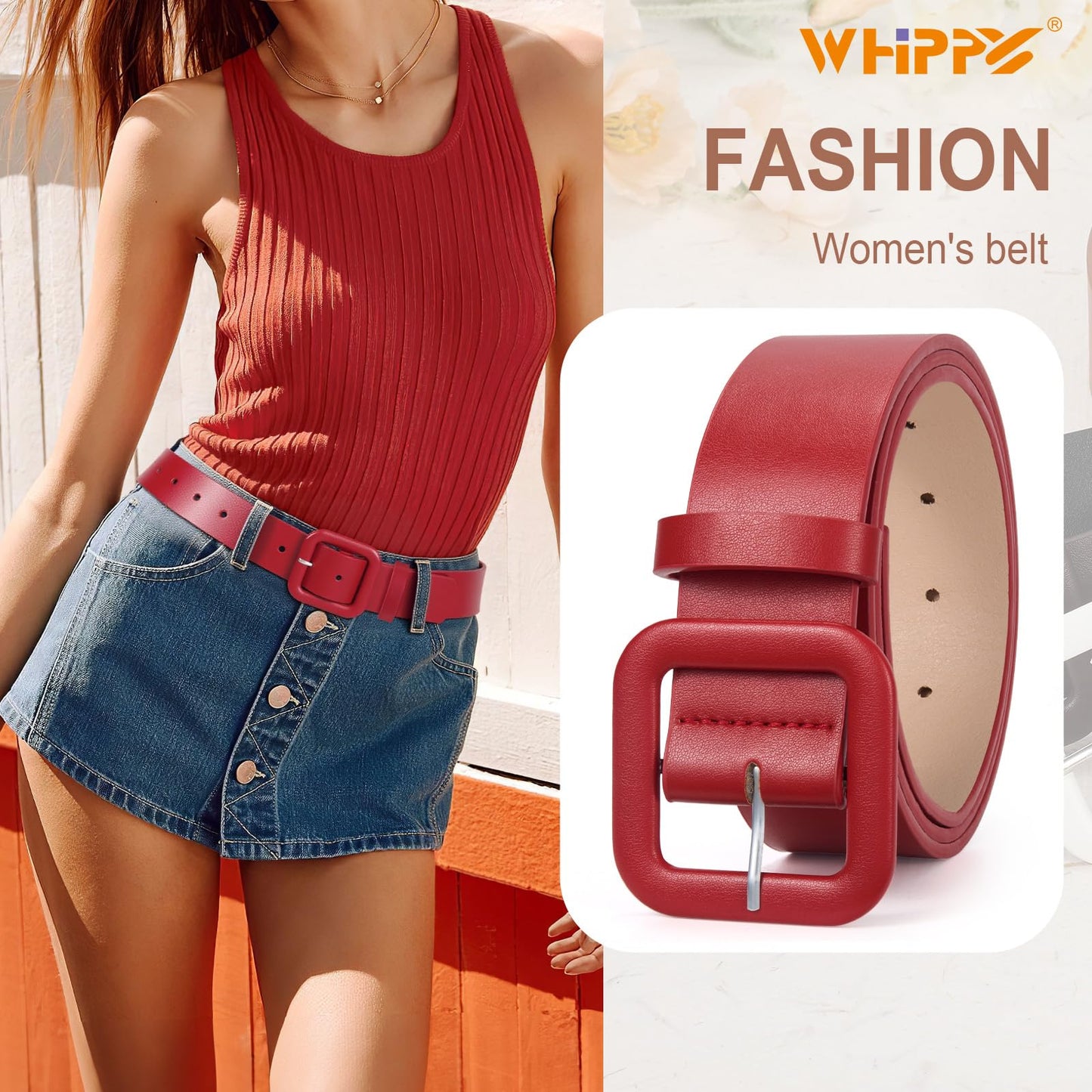 WHIPPY Women Leather Belt Candy Color Fashion Square Buckle Belt Ladies Belt for Jeans Pants Dresses, Bright Red, M