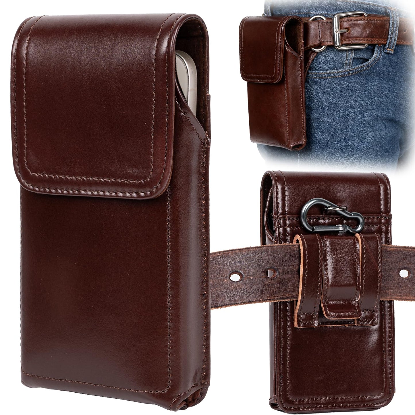 Ariscobull - Leather Phone Holster - Genuine Full-Grain Buffalo Leather Cell Phone Holsters - for iPhone 16, 15, 14, 13pro, Galaxy S24, S23, S22-7.3" X 3.8" (Coffe, Large)
