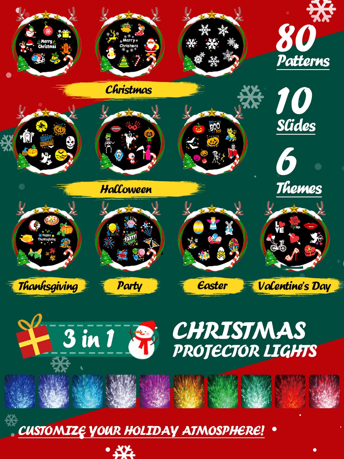 3-in-1 Christmas Projector Lights Outdoor, Anysun Brighter 80 HD Patterns Christmas Decor, 8-Pattern Ocean Wave Snowflake Starry Lights Show Christmas Projector Waterproof with Timer for House Party