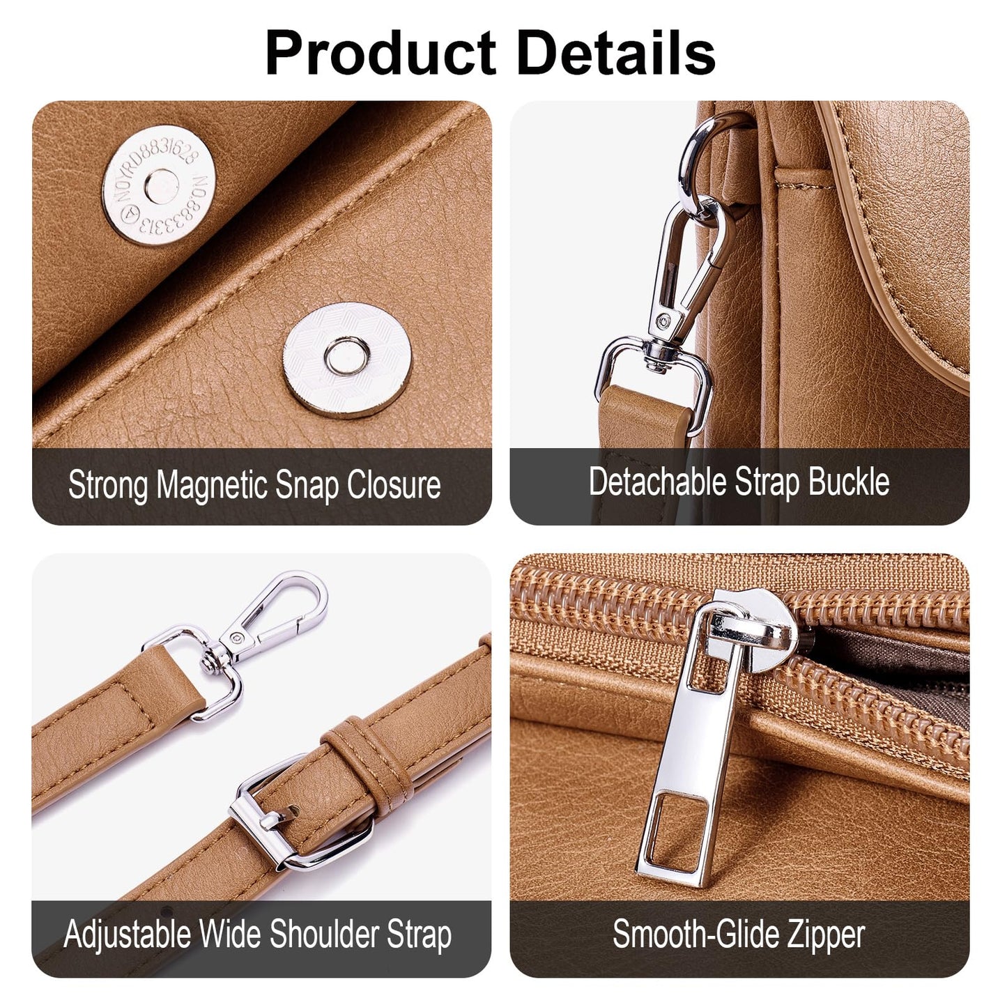 Lexiyat Crossbody Bags for Women Vegan Leather Travel Small Cell Phone Purse Rfid Shoulder Bag with 2 Straps Camelbrown
