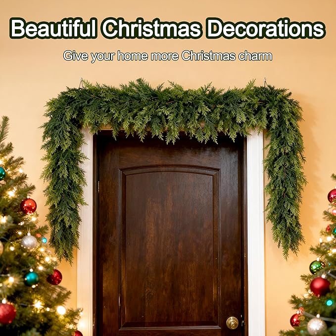 9ft Real Touch Cedar Garland Artificial Realistic Christmas Greenery Pine Garland with 225 Cedar Branches for Mantle, Fireplace, Table, Stairs, Doorframe, Window, Outdoor Indoor Xmas Decor