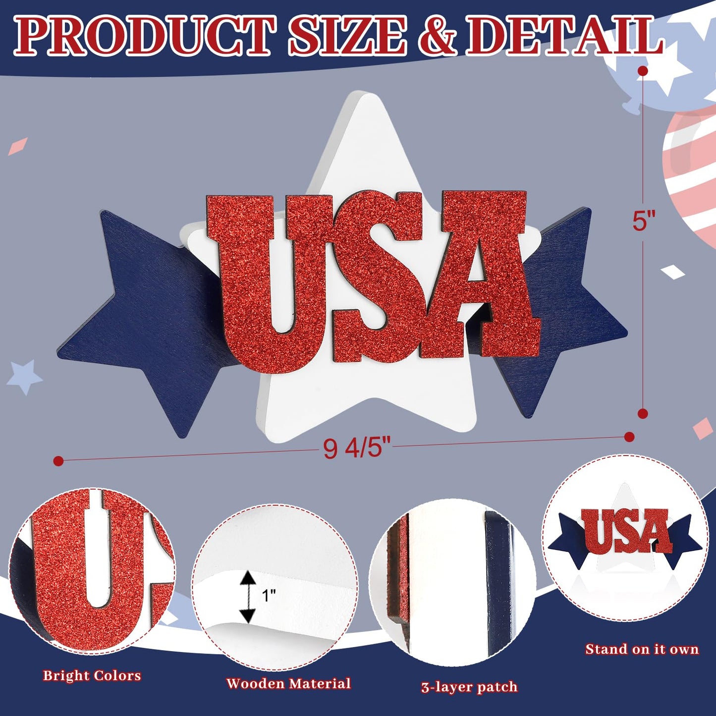 COCHIE Glitter USA Sign 4th of July Decorations for Office, Home, Table, Mantel, Shelf, Desk, 5x10 Inch Patriotic Memorial Day Star Sign, Wooden Red Blue White Decor Labor Day Centerpiece (Star)