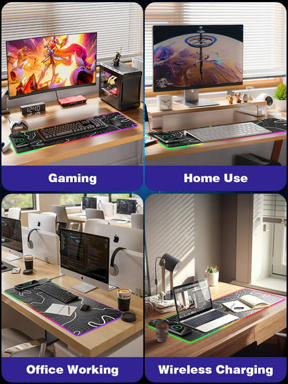 Wireless Charging Mouse Pad, RGB Gaming Mousepad, 31.5"x15.7" Extra Large Desk Pad, 13 Light Modes, Ultra-Smooth Surface, Non-Slip Base, Waterproof Computer Keyboard Mat for MacBook, PC, Laptop, Black