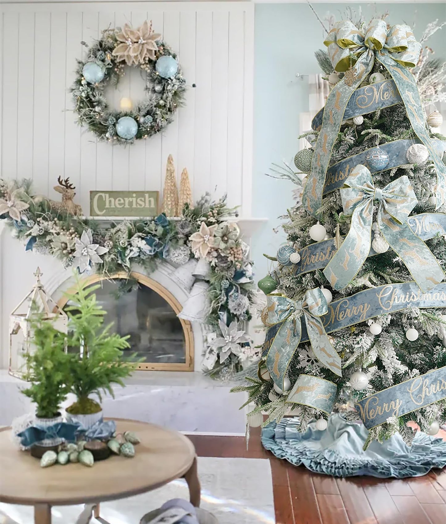 HUIHUANG Merry Christmas Ribbon 4 inch Dusty Blue Velvet Wired Ribbon with Glitter Gold Merry Christmas Ribbon for Christmas Trees, Tree Top Bows, Garlands, Staircases, Wreaths-10 Yards