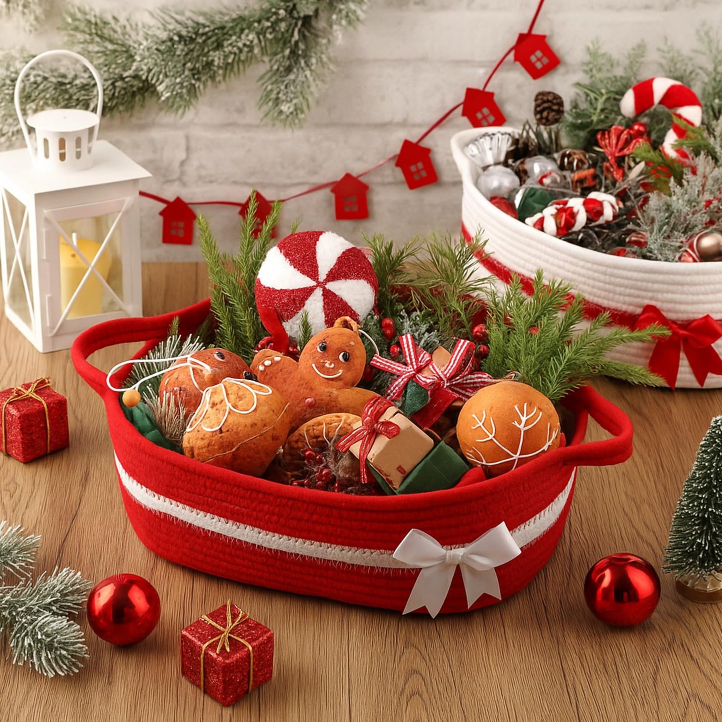 Youyole 2 Pcs Christmas Storage Gift Basket with Gift Bag and Ribbon Xmas Small Storage Basket with Bow and Handles for Nursery Home Empty Living Room Christmas Decorative Container, Red and White