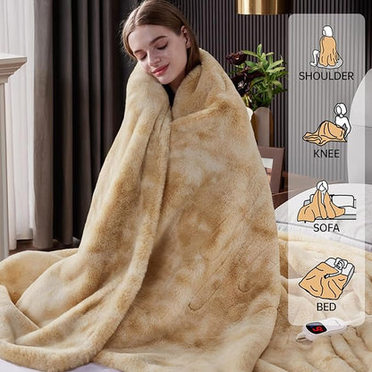 Guohaoi Heated Blanket Electric Throw, Soft Faux Rabbit Fur Electric Blanket with 10 Heating Levels 5 Sitting Timer Auto Off, Cozy Warm Heating Blankets, Machine Washable(50"×60" Beige)