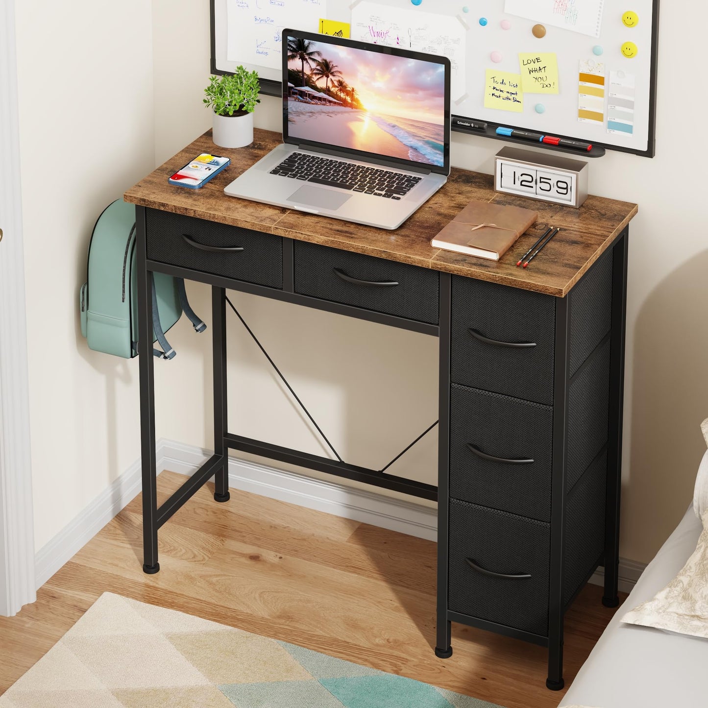 HIGDBFE Small Desk with 5 Fabric Drawers, 33 Inch Writing Desk for Home Office, Simple PC Desks for Small Place, Kids Girls Teen Study Table Vanity for Bedroom, Dorm, Rustic Brown, 14" D
