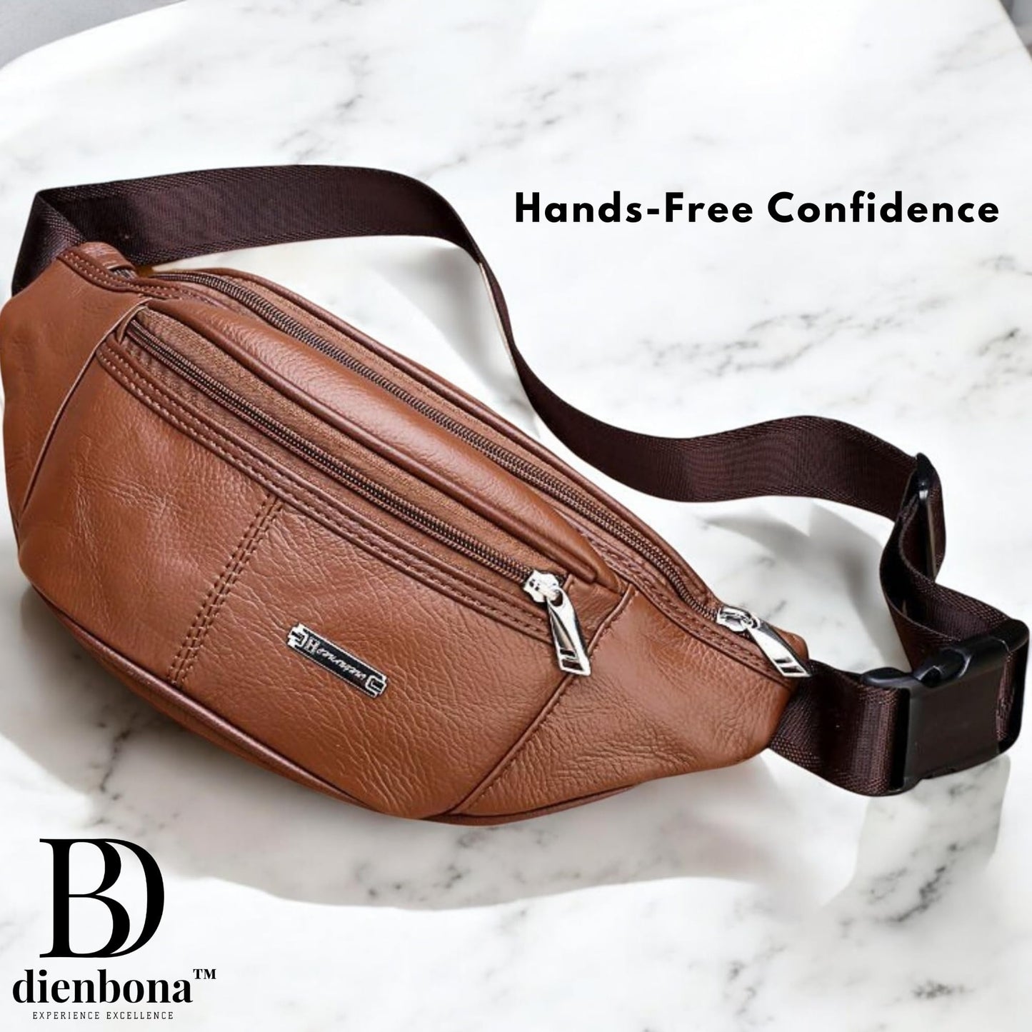 Genuine Leather Fanny Pack Bum Bag for Men – Crossbody Sling Waist Bag with 3 Pockets & Hidden Anti-Theft Pocket, Adjustable Strap, Lightweight Travel Hip Bag for Hiking, Outdoor & Daily Use (Tan)