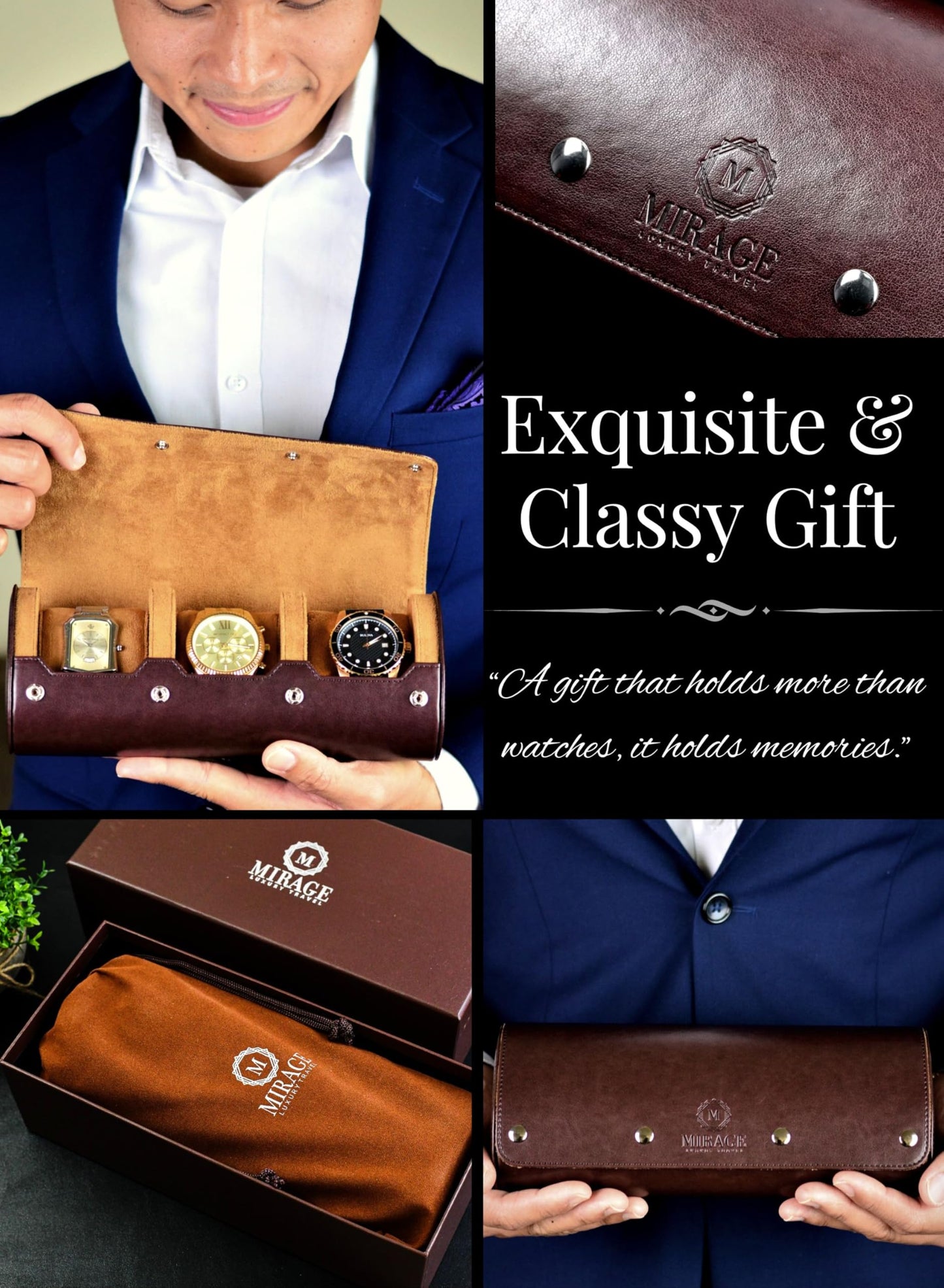 Watch Travel Case for Men Watch Roll for Travel Organizer and Display Watch Case - Swiss Espresso Vegan Leather Watch Case