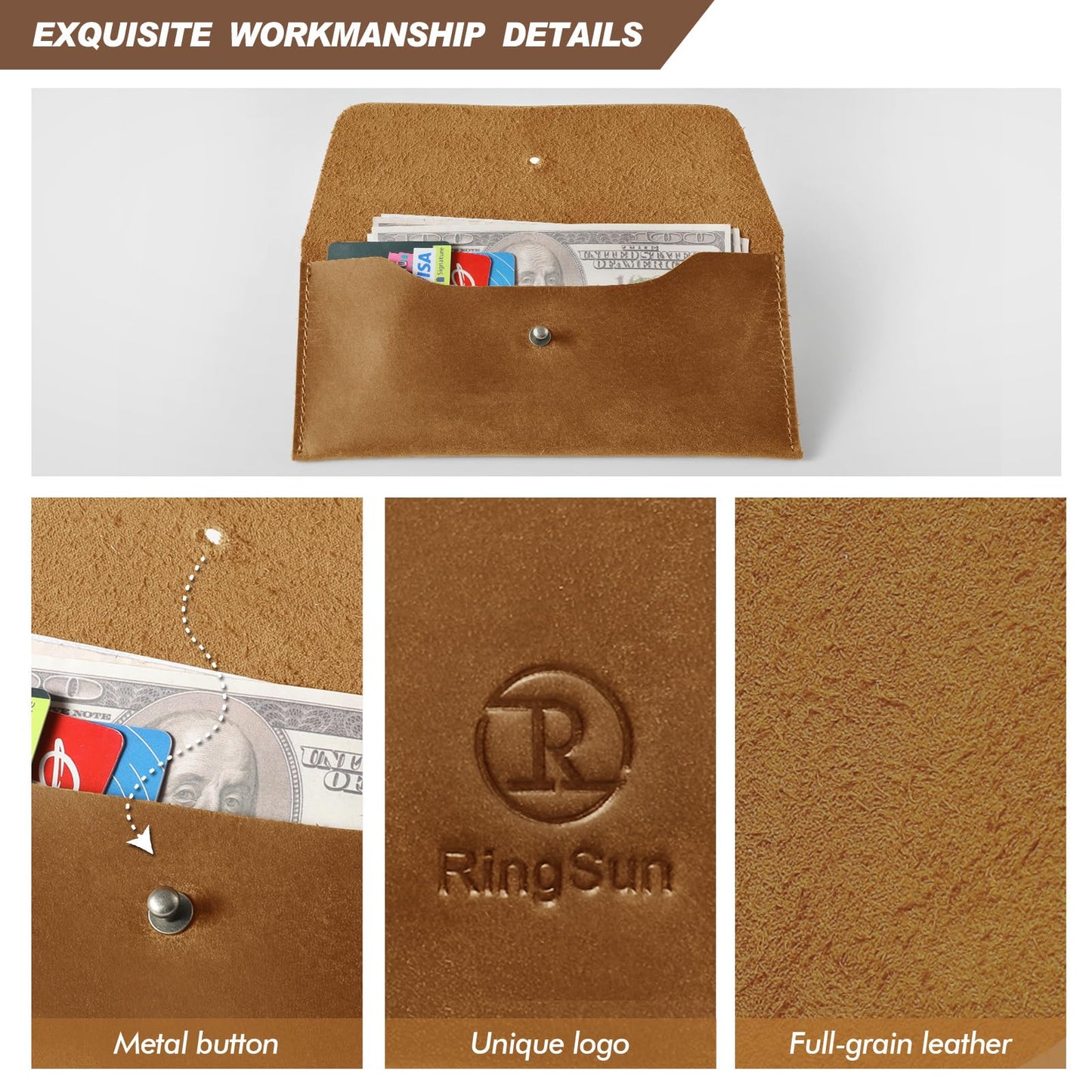 Ringsun Genuine Leather Cash Envelopes, Reusable Budget Envelope, Retro Clutch for Men & Women, Minimalist Wallet, Bourbon Brown