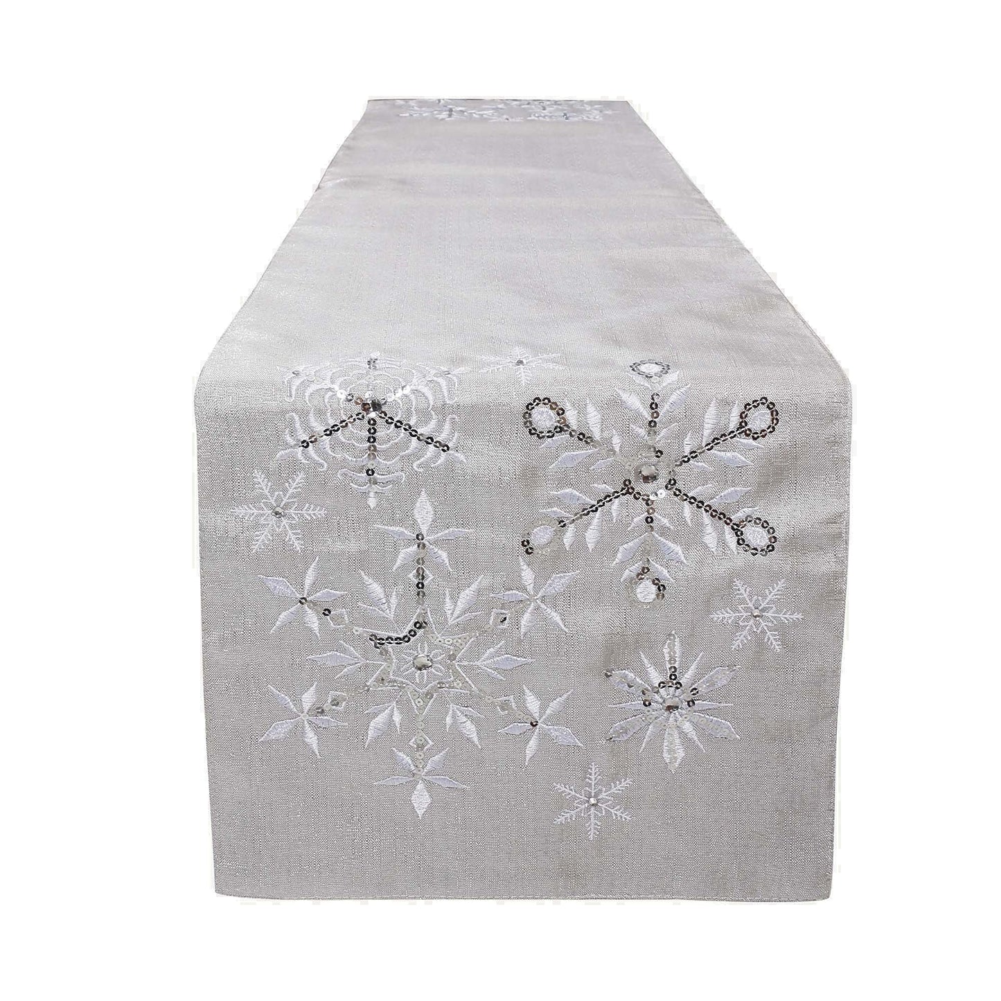 OWENIE Christmas Table Runner, Snowflake Silver Grey Table Runners, Xmas Holiday Tabletop Decor, Embroidery Table Centerpieces with Sequins and Diamonds, Glittering Winter Home Decorations, 14X70 Inch