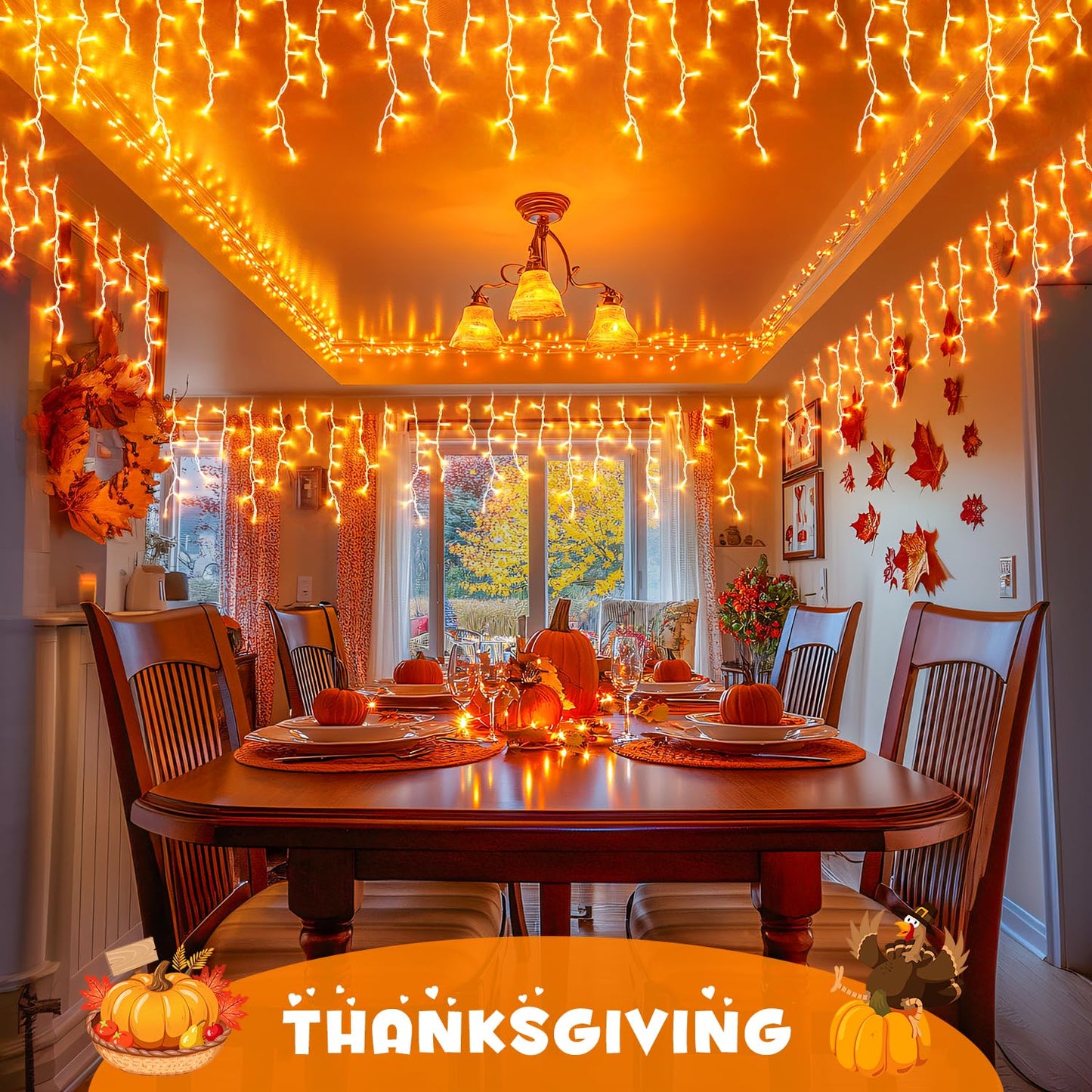 JMEXSUSS Orange Thanksgiving Lights Outdoor, 38.8 FT 400 LED Orange Icicle Lights Outdoor Waterproof, 8 Modes String Light Plug in for Fireplace Tree Garden Patio Thanksgiving Fall Halloween Decor