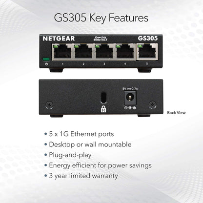 NETGEAR 5-Port Gigabit Ethernet Easy Smart Managed Essentials Switch - Desktop or Wall Mount, Home Network Hub, Office Ethernet Splitter