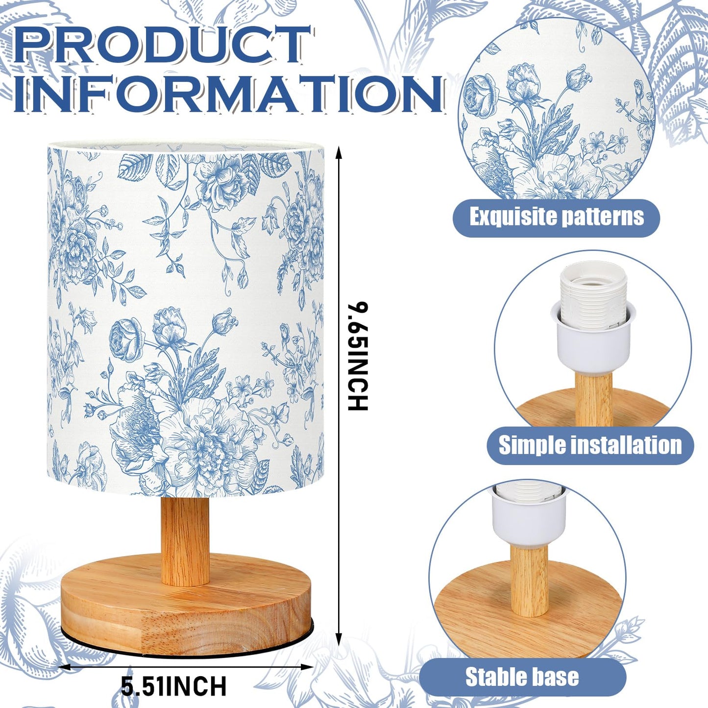VIHOSE Blue Floral Kids Table Lamp for Bedroom Kids Bedside Lamp with Linen Wooden Nightstand Cartoon Nursery Lampshade for Girls Boys Living Room