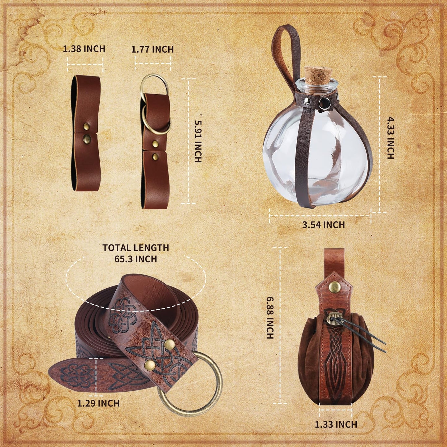 JBKN Women Renaissance Accessories Medieval Viking Belt Potion Bottles Belt Bag Leather Skirt Hikes for Halloween Festival Cosplay