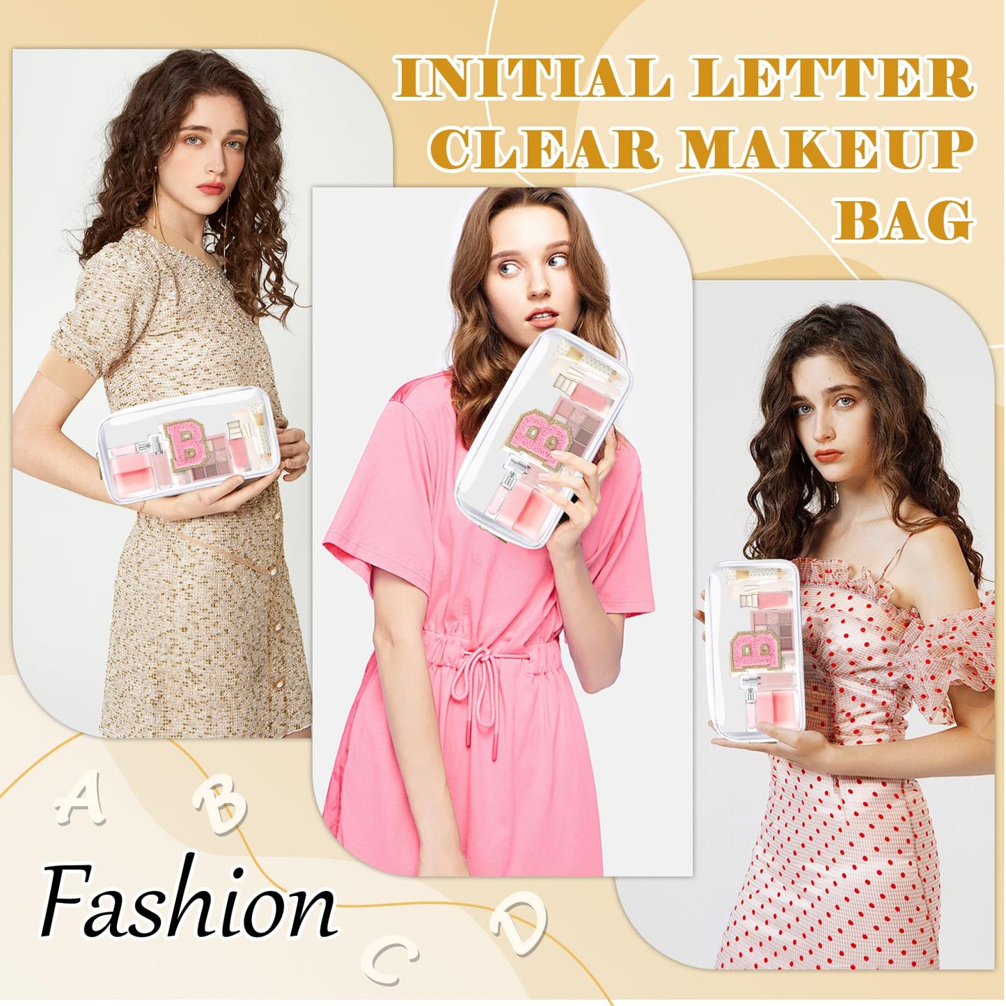 UIXIZQ Personalized Initial Letter Clear Makeup Bag,Preppy Small Nylon&PVC Cosmetic Zipper Bag with Chenille Letter,Travel Skincare Toiletry Bag,Monogram Christmas Gift for Teen Girls Women,B