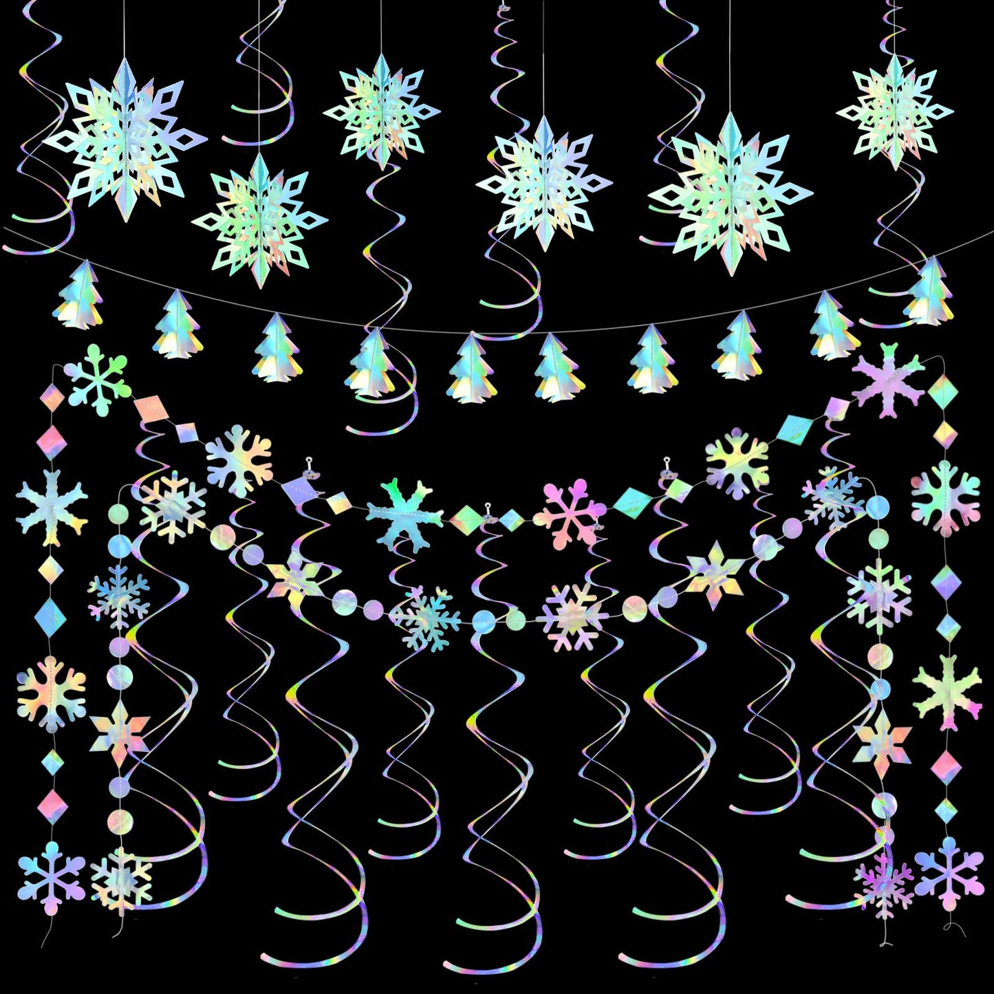 Iridescent Holographic Party Decorations, 29Pcs, Rainbow Swirl Streamers, Snowflake Garland, Christmas Tree Decor, Winter Wonderland Weddings, Disco Parties, Holiday Gatherings (29-Piece/Rainbow)