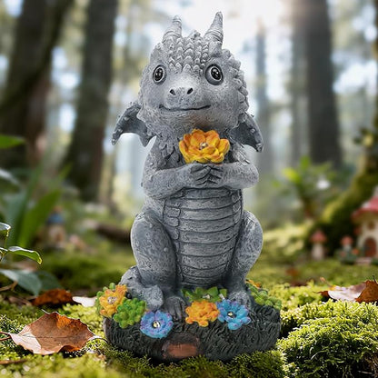 Solar Garden Outdoor Statues Dragon Holding Flower with Solar LED Lights - Lawn Decor Outdoor Statue for Patio, Balcony, Yard Ornament,Housewarming for Mom Grandma