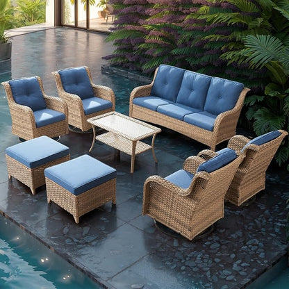 Patio Furniture Swivel Chairs Set - 8 Piece Wicker Rattan Outdoor Sectional Conversation Sets with 4 Swivel Rocking Chairs,2 Ottomans,1 Sofa and 1 Coffee Table for Porch Deck Garden(Yellow/Blue)