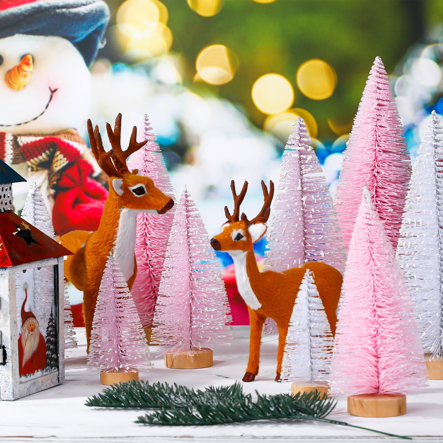 Leyndo 9 Pcs Pink Classic Artificial Mini Christmas Tree Sisal Bottle Brush Trees with Wood Base Christmas Pine Trees for Autumn Winter Holiday Home Kitchen Party Decor