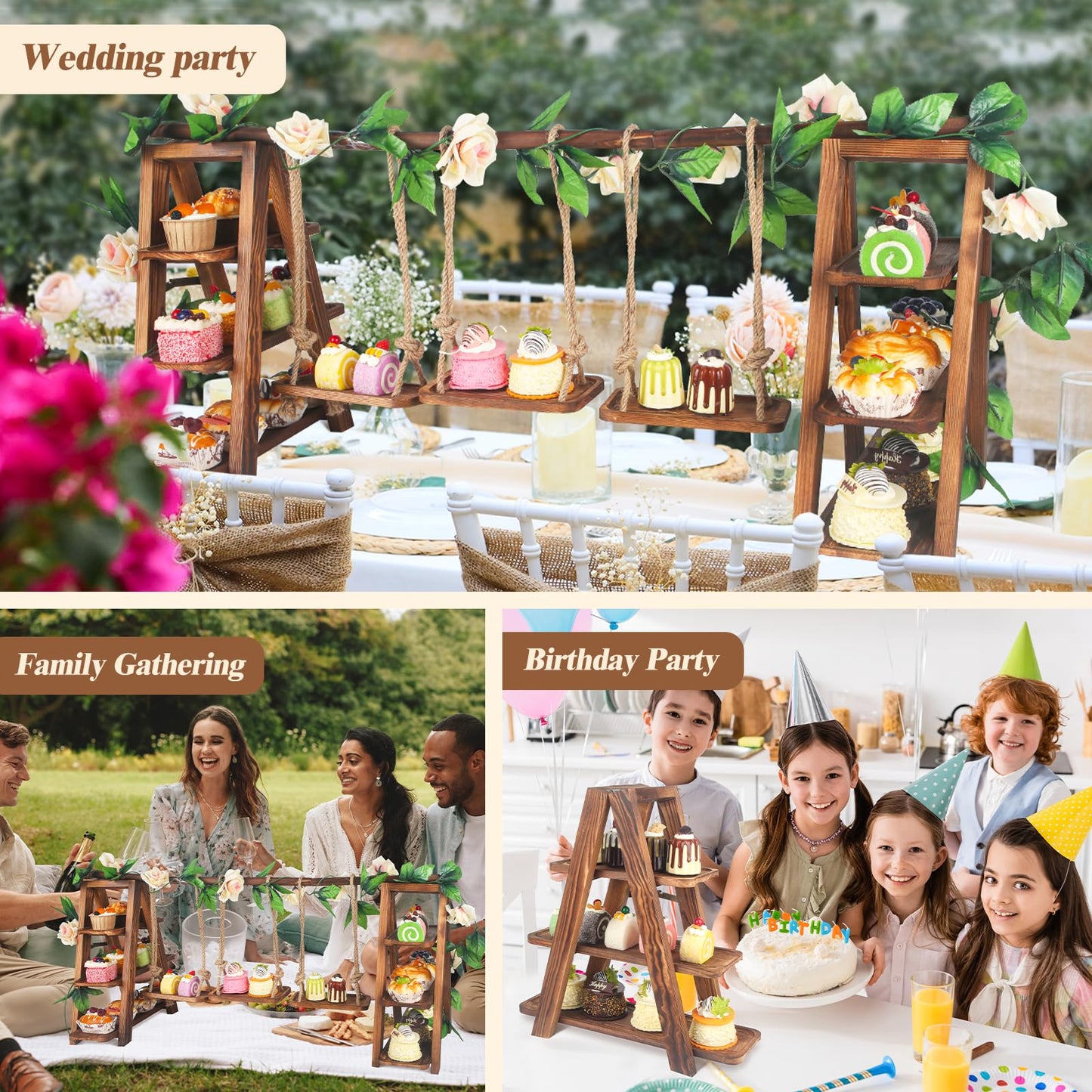 Wisreach Upgraded Large Wooden 3 Tier Swing Cupcake Stand with Flower Decor, Removable Trays, Foldable Ladder Display for Cake, Snacks, Fruit, Bread, Party & Catering Centerpieces