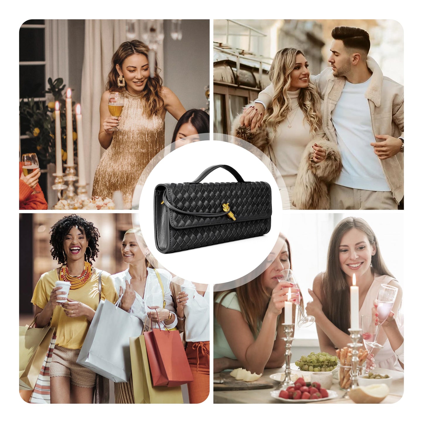 Joryin Woven Purse For Women Evening Clutch Woven Leather Handbags Crossbody Bag Suede Purse Black Formal Evening bag
