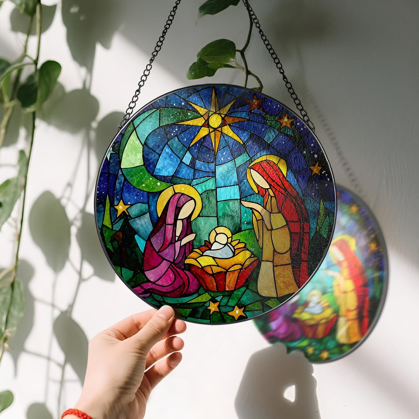LAOWEIKI 8'' Stained Glass Window Hanging, Nativity Scene Ornament, Religious Ornament, Sun Catcher Window Decor, Christian Holiday Decor, Gifts for Christmas, Christian Gift, Religious Gift