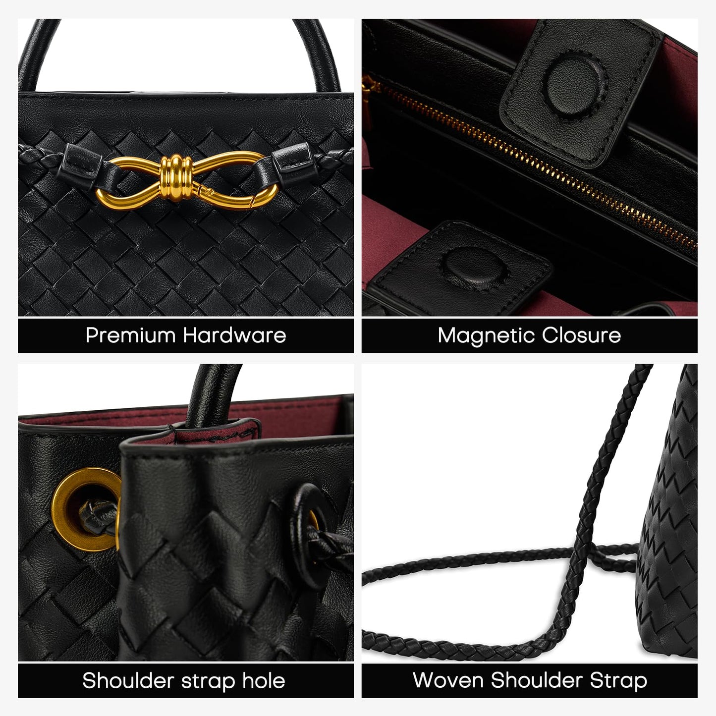 Woven Tote Bag for Women Leather Shoulder Handbag Designer Top Handle Purses(Black)