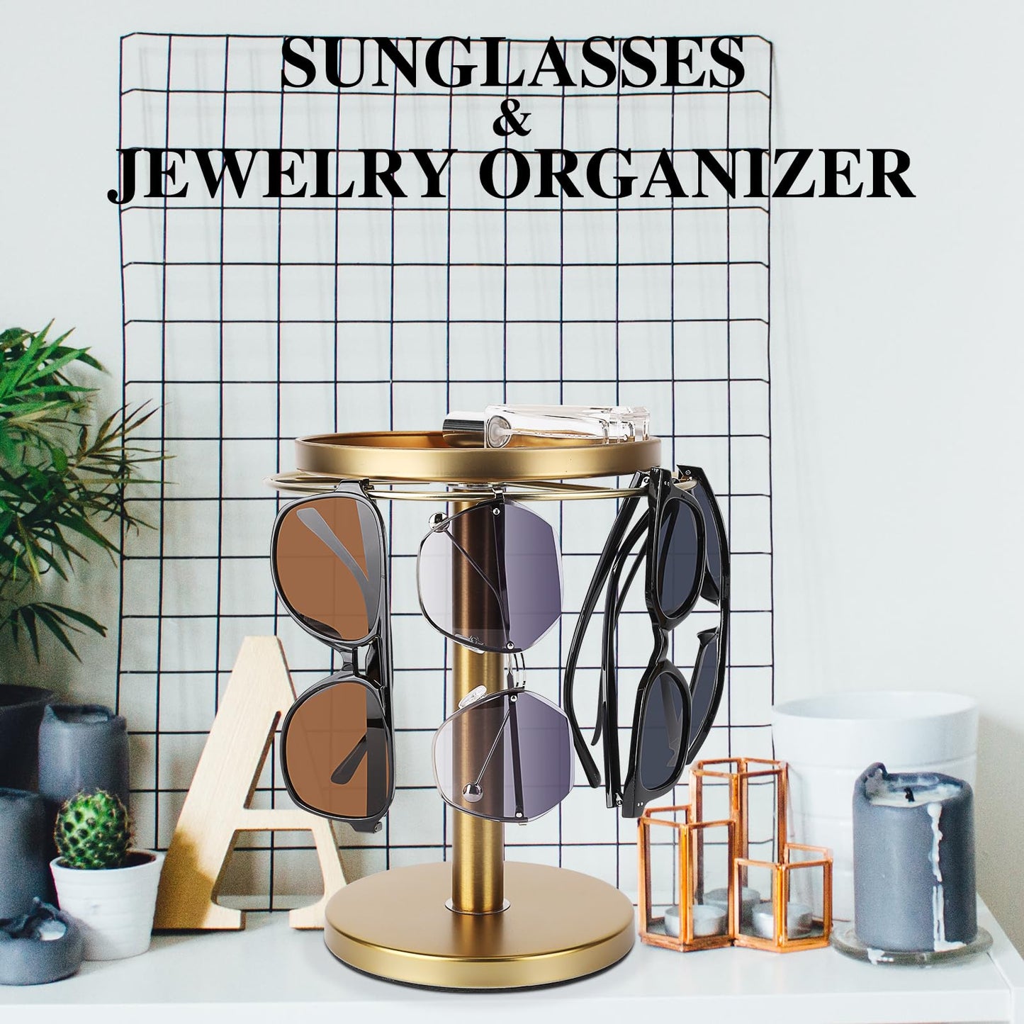 kondyfayo 360° Rotating Sunglass Organizer Storage, Stainless Steel Glasses Holder Stand, Glasses Organizer with Tray for Desk, Dresser, Tabletop, Nightstand and Home Decor (Gold)