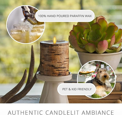 Luminara Real Birch Bark Wrapped Flameless LED Candle, 3.5" x 4.5", Battery Operated Moving Flame Pillar Light with Timer - Natural Decor Unscented