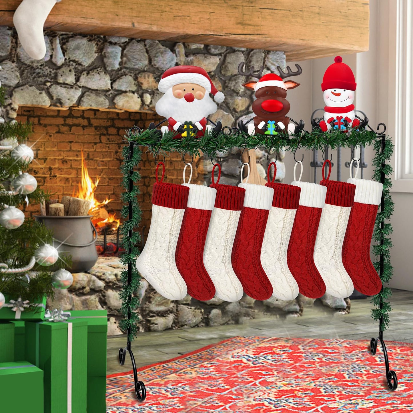 Mukum Christmas Stocking Holder Stand Hangers with 8 Hooks Metal Stocking Holder Freestanding for Floor Christmas Stocking Holders Christmas Decorations